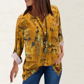 V-neck vintage print loose long sleeve shirt