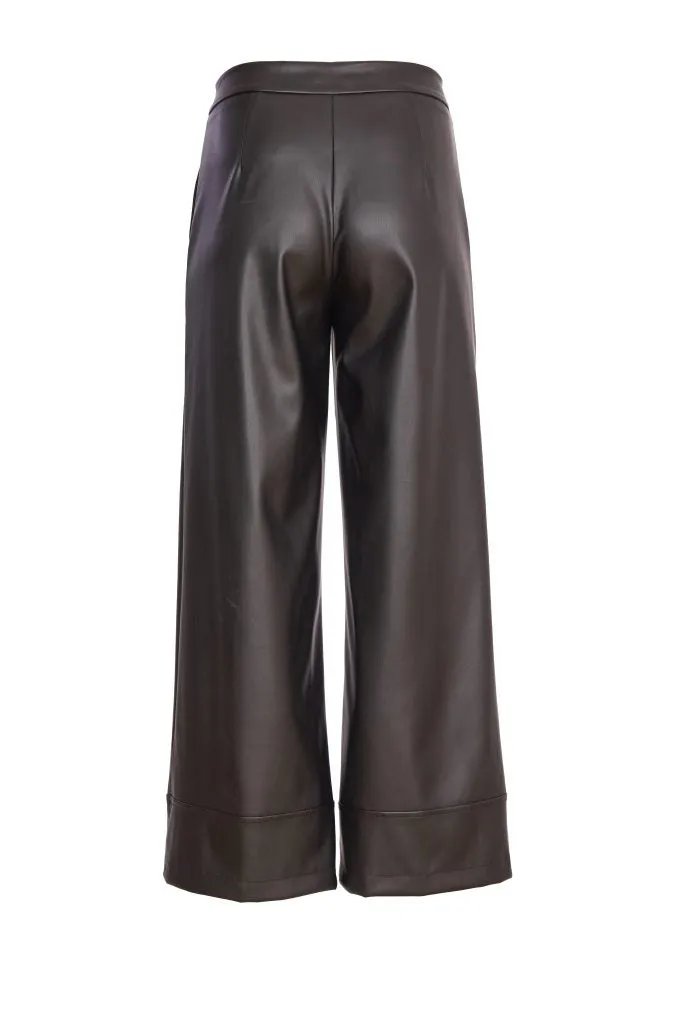 Wide Leg Zip Waist Leatherette Trouser in Black