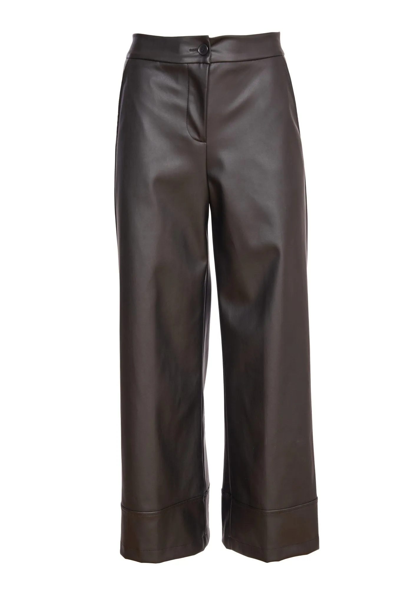 Wide Leg Zip Waist Leatherette Trouser in Black