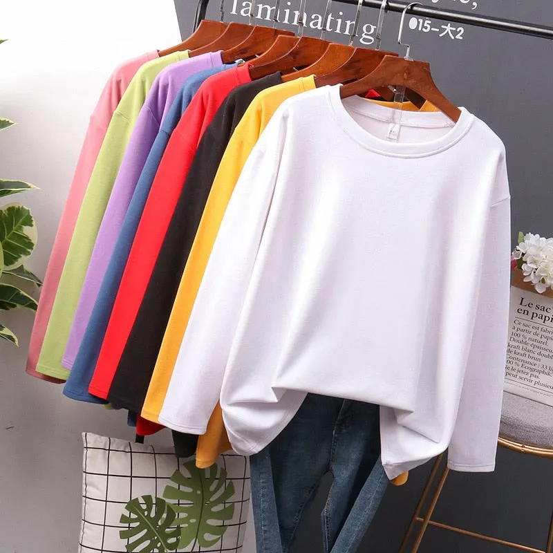 Wjczt Cotton Basic Long Sleeve Womens T-shirt Casual Black White Fashion Solid Top Ladies Fashion Korean Tee Shirt Plus Size