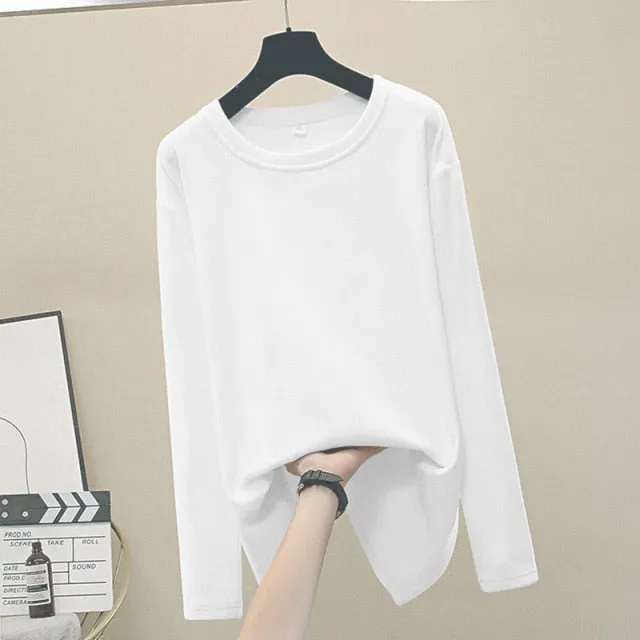 Wjczt Cotton Basic Long Sleeve Womens T-shirt Casual Black White Fashion Solid Top Ladies Fashion Korean Tee Shirt Plus Size