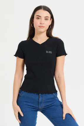 Women Black Ribbed T-Shirt