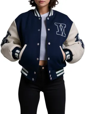 Women's Navy Blue Varsity Jacket With Bold Lettering