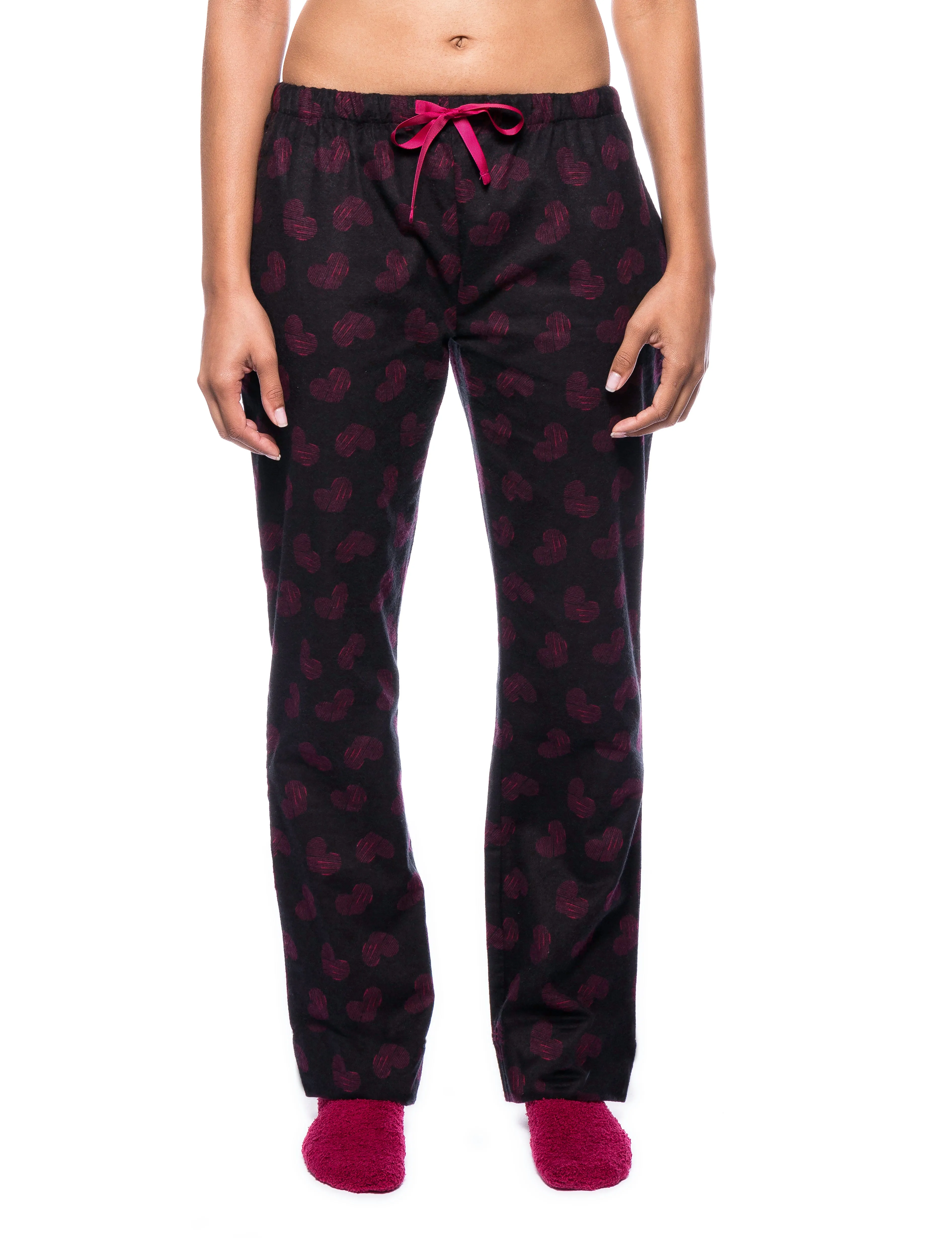 Womens Premium 100% Cotton Flannel Lounge Pants - Hearts Black/Red