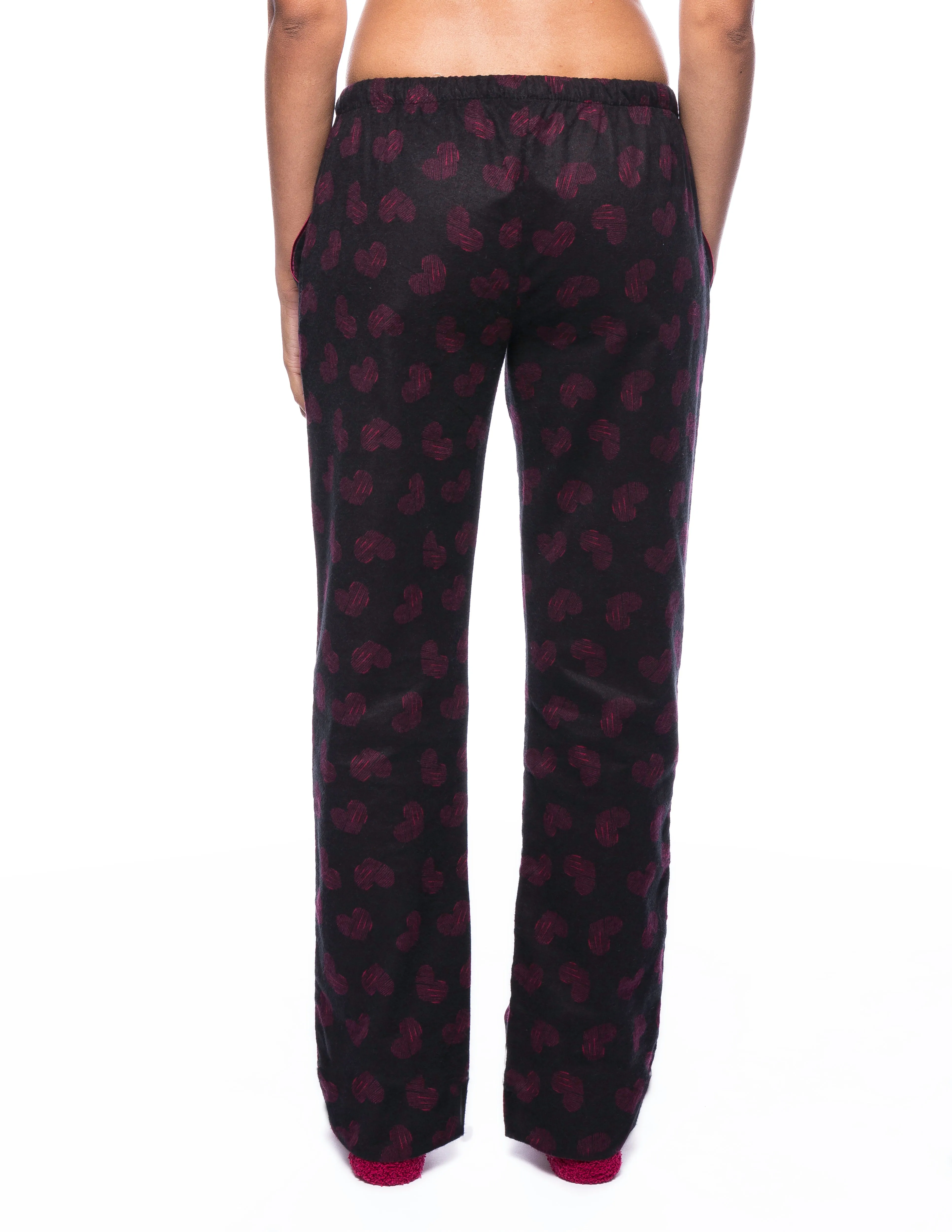 Womens Premium 100% Cotton Flannel Lounge Pants - Hearts Black/Red