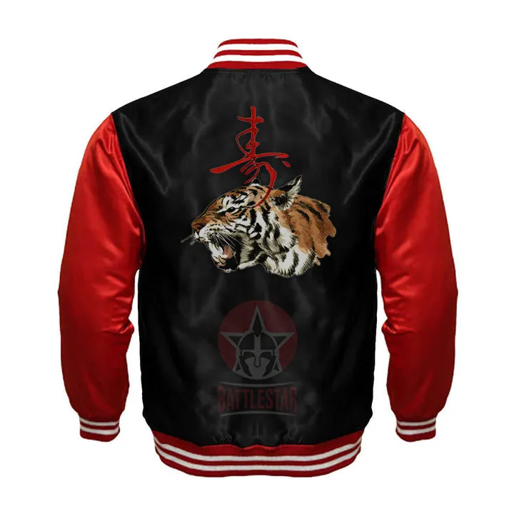 Year of the Tiger Black Red Satin Varsity Jacket